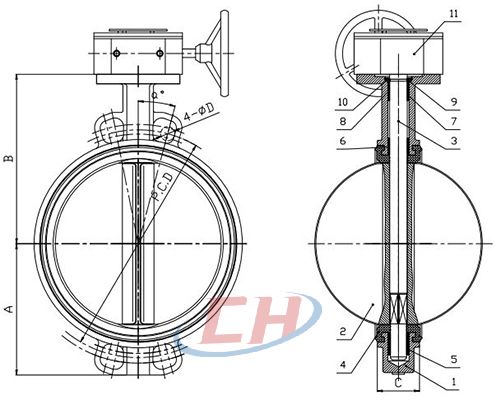 四氟密封蝸輪對(duì)夾蝶閥結(jié)構(gòu)圖